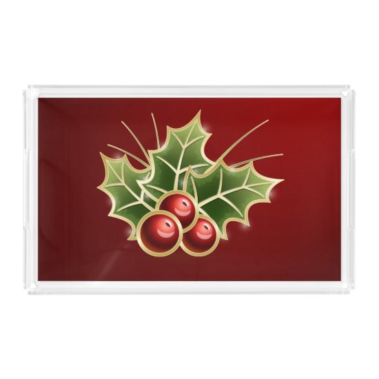 Shining Holly Berry Christmas red Acrylic Tray