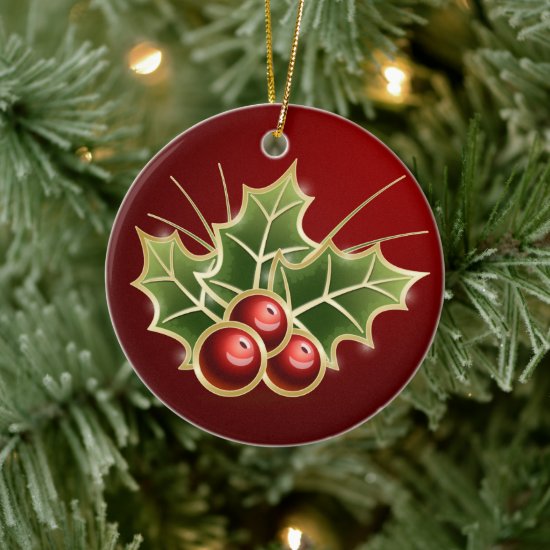 Shining Holly Berry Christmas red Ceramic Ornament