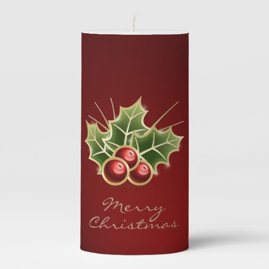 Shining Holly Berry Christmas red Pillar Candle