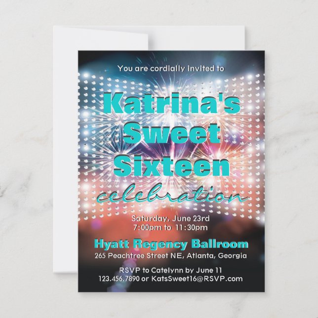 Shining Lights and Fireworks Sweet Sixteen Invite (Front)
