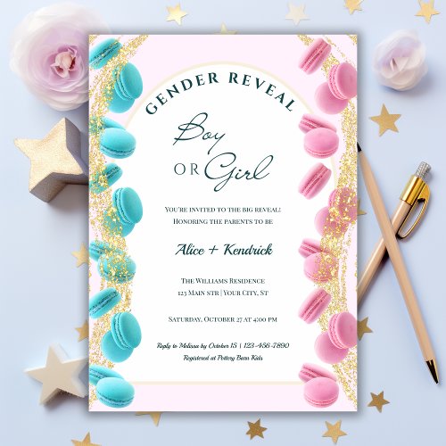 Shining Pastel Pink  Blue Macarons Gender Reveal Invitation