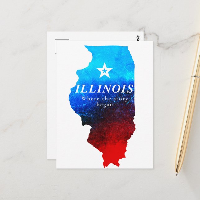 Shining Red Blue Glitter Map of State of Illinois Postcard (Front/Back In Situ)