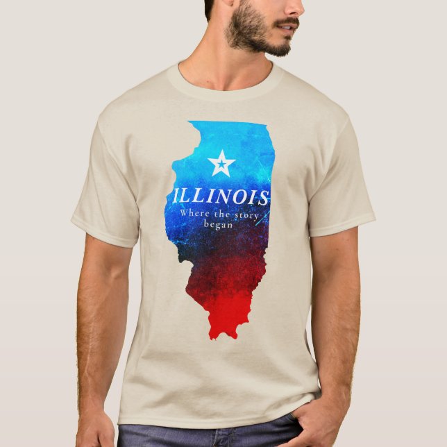 Shining Red Blue Glitter Map of State of Illinois T-Shirt (Front)