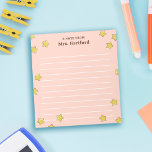 Shining Stars Blush Pink Lined A Note From Teacher<br><div class="desc">Blush pink A note from School Teacher notepad personalized with the teacher's name in brown against a pink background and lots of shiny, round stars. Gold star themed teacher's notepad in blush pink with lines and the teacher's name. Personalized teacher's notepad with stars in yellow against a warm pink background....</div>