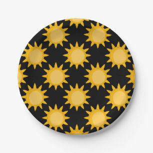 Shining Sun Illustration On Black Pattern Design Paper Plates