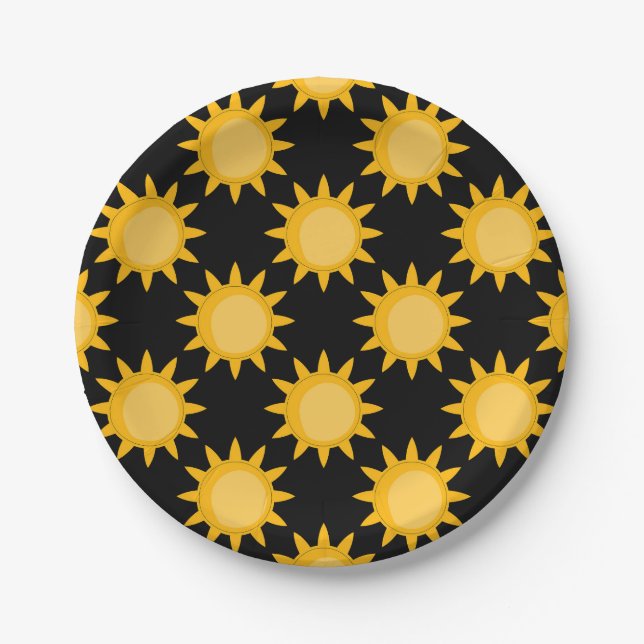 Shining Sun Illustration On Black Pattern Design  Paper Plates (Front)