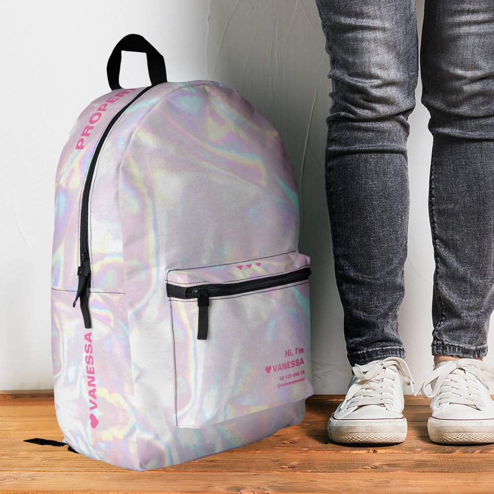 Shinny Holographic Pink Stylish Custom Name Backpack