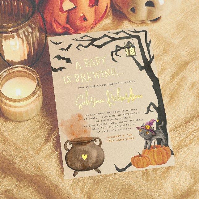 Shiny A Baby Is Brewing Cute Halloween Baby Shower Foil Invitation (Creator Uploaded)