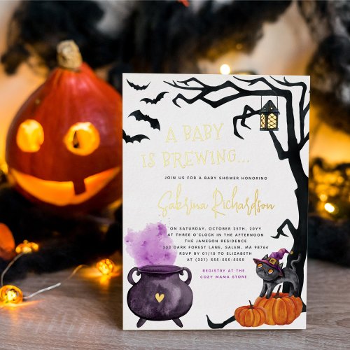 Shiny A Baby Is Brewing Girl Halloween Baby Shower Foil Invitation