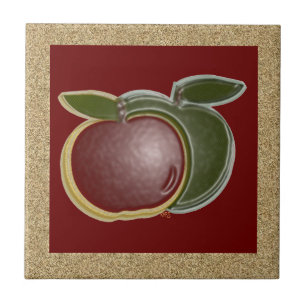 Shiny Apples 3D (gold/cranberry) Ceramic Tile