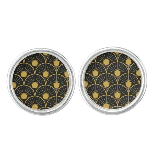 Shiny Art Deco Gold Sun Pattern on Black  Cufflinks (Front)