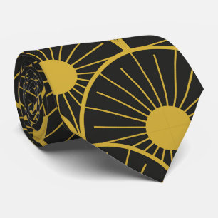 Shiny Art Deco Gold Sun Pattern on Black  Neck Tie