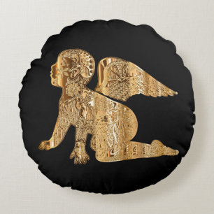 Shiny Baby Angel Wings Black Gold Angelic Round Pillow