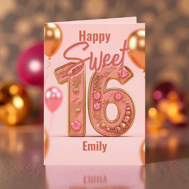 Shiny Balloons Glitter Pink and Gold Sweet 16  Card (Creator Uploaded)
