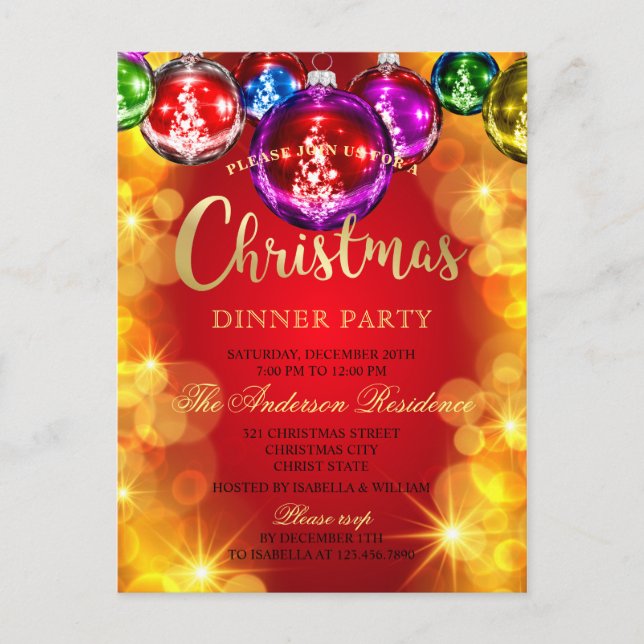 Shiny Baubles Christmas Dinner Party Invitation Postcard (Front)