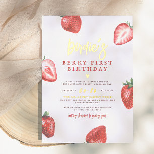 Shiny Berry First Strawberry Girl 1st Birthday Foil Invitation
