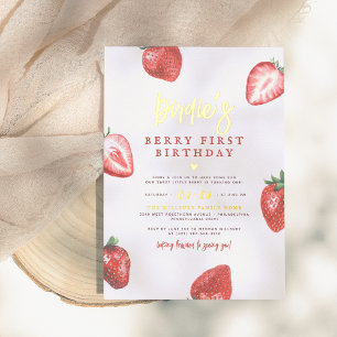 Shiny Berry First Strawberry Girl 1st Birthday Foil Invitation