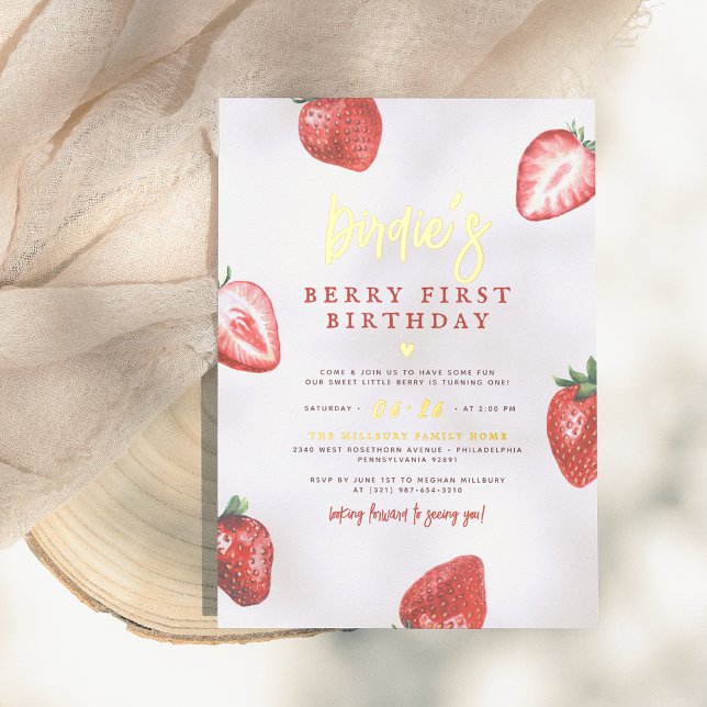 Shiny Berry First Strawberry Girl 1st Birthday Foil Invitation (Creator Uploaded)