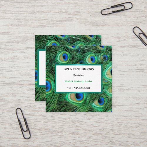 Shiny Big Peacock Feathers Square Business Card