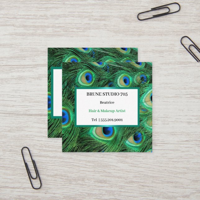 Shiny Big Peacock Feathers Square Business Card (Front/Back In Situ)