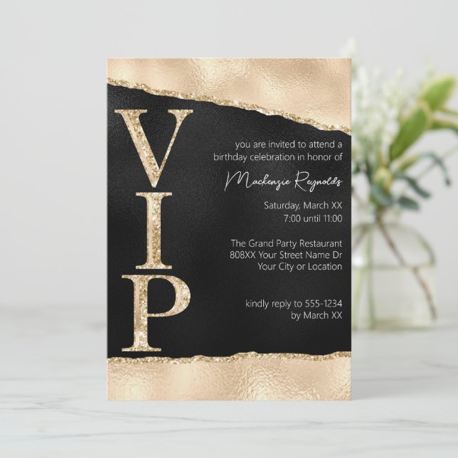 Shiny Black and Gold Glitter Glamorous VIP Party Invitation (Standing Front)