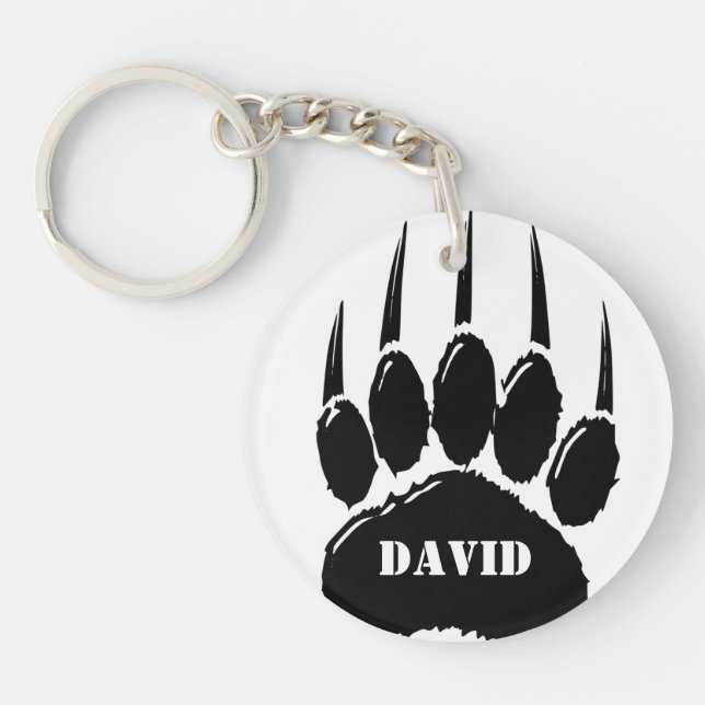Shiny Black Bear Paw Print Custom Name Keychain (Front)