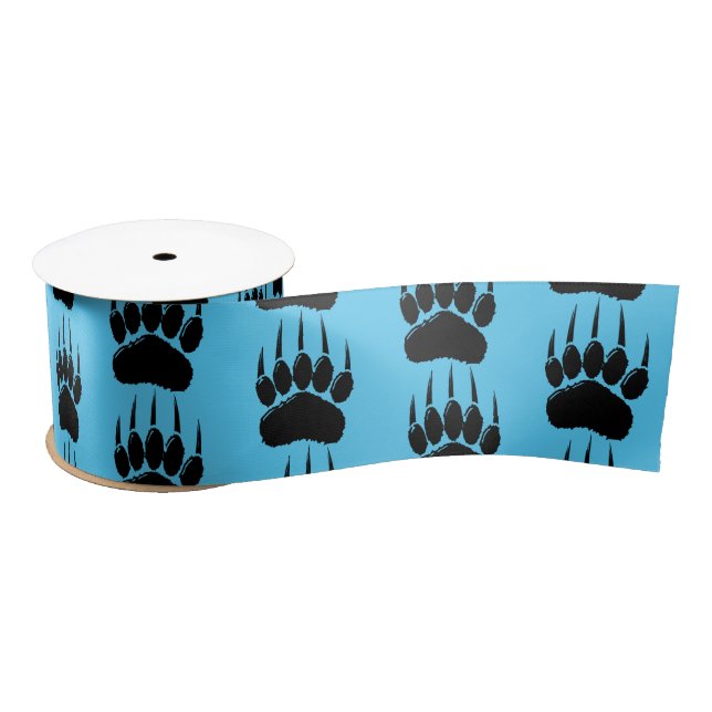 Shiny Black Bear Paw Print On Blue Satin Ribbon (Spool)