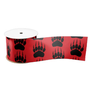 Shiny Black Bear Paw Print On Red Satin Ribbon