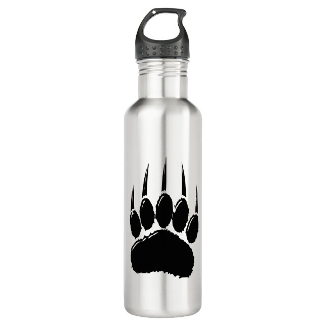 Shiny Black Bear Paw Print Stainless Steel Water Bottle (Front)