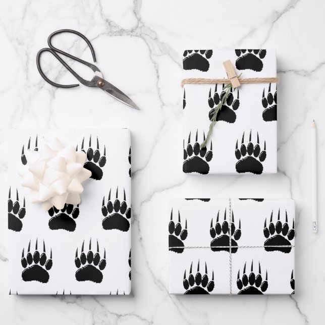 Shiny Black Bear Paw Print Wrapping Paper Sheets (Front)