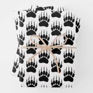 Shiny Black Bear Paw Print Wrapping Paper Sheets