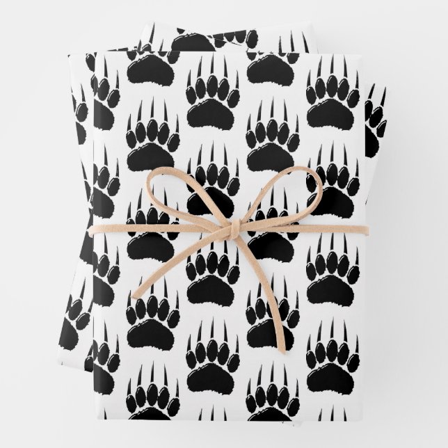 Shiny Black Bear Paw Print Wrapping Paper Sheets (In situ)