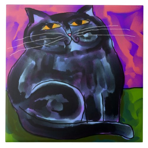 Shiny Black Cat Abstract Digital Painting Ceramic Tile