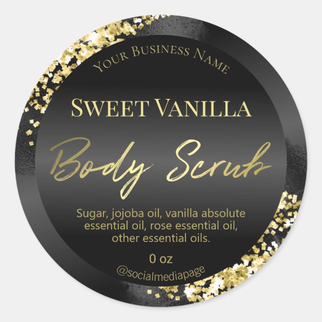 Shiny Black Gold Glitter Body Scrub Labels (Front)