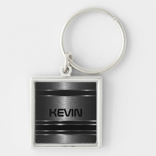 Shiny Black Metallic Texture With Monogram Keychain (Front)