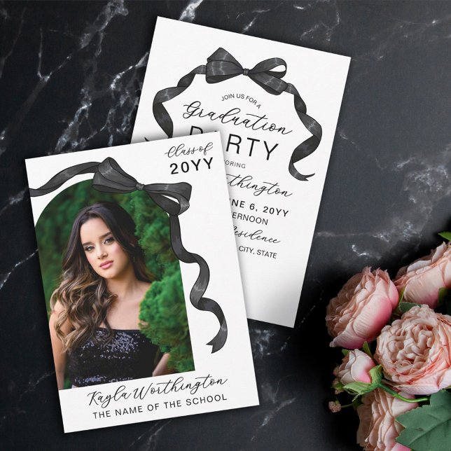 Shiny Black Ribbon Bow Arch Photo Graduation Invitation (Creator Uploaded)
