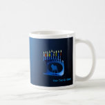 Shiny Blue Chanukkah Menorah Coffee Mug<br><div class="desc">A modernistic,  metallic,  blue Chanukkah menorah,  featuring a lion in silhouette,  against a dark,  night-like background. All nine of the candles are lit. Add your own text on both the front and reverse sides.</div>