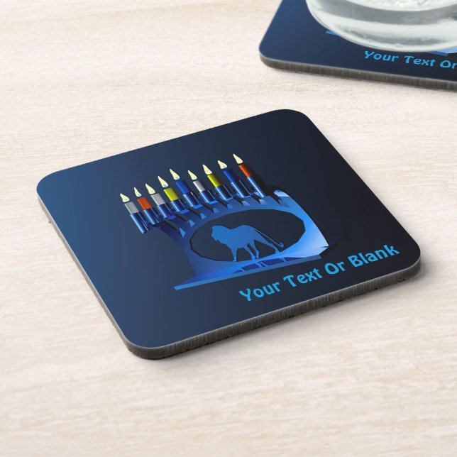 Shiny Blue Chanukkah Menorah Drink Coaster (Left Side)