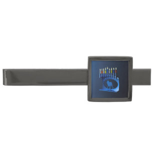 Shiny Blue Chanukkah Menorah Gunmetal Finish Tie Clip