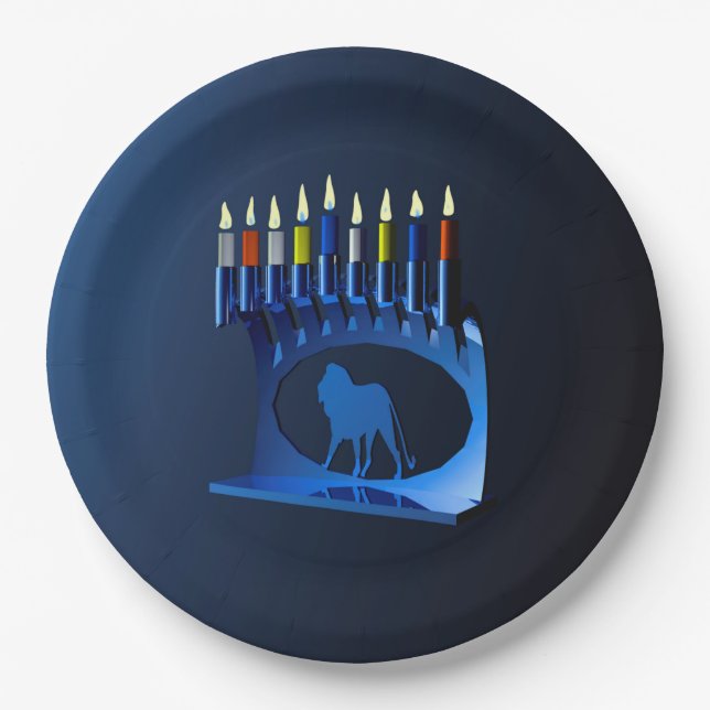 Shiny Blue Chanukkah Menorah Paper Plates (Front)