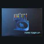 Shiny Blue Chanukkah Menorah Placemat<br><div class="desc">A modernistic,  metallic,  blue Chanukkah menorah,  featuring a lion in silhouette,  against a dark,  night-like background. All nine of the candles are lit. Hebrew text reading "Chag Chanukkah Sameach" (Happy Hanukkah) also appears in glowing blue and white.</div>