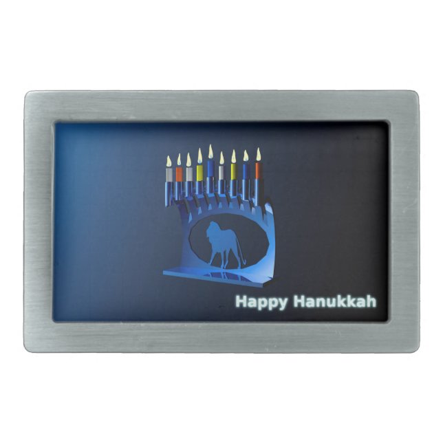 Shiny Blue Chanukkah Menorah Rectangular Belt Buckle (Front)