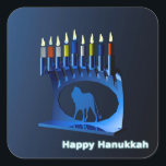 Shiny Blue Chanukkah Menorah Square Sticker<br><div class="desc">A modernistic,  metallic,  blue Chanukkah menorah,  featuring a lion in silhouette,  against a dark,  night-like background. All nine of the candles are lit. Text reading "Happy Hanukkah" also appears in glowing blue and white.</div>