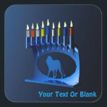 Shiny Blue Chanukkah Menorah Square Sticker<br><div class="desc">A modernistic,  metallic,  blue Chanukkah menorah,  featuring a lion in silhouette,  against a dark,  night-like background. All nine of the candles are lit. Add your own text.</div>