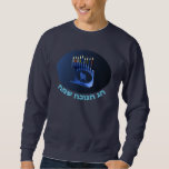 Shiny Blue Chanukkah Menorah Sweatshirt<br><div class="desc">A modernistic,  metallic,  blue Chanukkah menorah,  featuring a lion in silhouette,  against a dark,  night-like background. All nine of the candles are lit. Hebrew text reading "Chag Chanukkah Sameach" (Happy Hanukkah) also appears in glowing blue and white.</div>