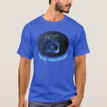 Shiny Blue Chanukkah Menorah T-Shirt<br><div class="desc">A modernistic,  metallic,  blue Chanukkah menorah,  featuring a lion in silhouette,  against a dark,  night-like background. All nine of the candles are lit. Hebrew text reading "Chag Chanukkah Sameach" (Happy Hanukkah) also appears in glowing blue and white.</div>