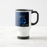Shiny Blue Chanukkah Menorah Travel Mug<br><div class="desc">A modernistic,  metallic,  blue Chanukkah menorah,  featuring a lion in silhouette,  against a dark,  night-like background. All nine of the candles are lit. Text reading "Happy Hanukkah" also appears in glowing blue and white. Add your own additional text on the reverse side.</div>