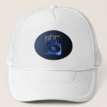 Shiny Blue Chanukkah Menorah Trucker Hat<br><div class="desc">A modernistic,  metallic,  blue Chanukkah menorah,  featuring a lion in silhouette,  against a dark,  night-like background. All nine of the candles are lit.</div>
