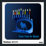 Shiny Blue Chanukkah Menorah Wall Sticker<br><div class="desc">A modernistic,  metallic,  blue Chanukkah menorah,  featuring a lion in silhouette,  against a dark,  night-like background. All nine of the candles are lit. Add your own text.</div>