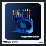 Shiny Blue Chanukkah Menorah Wall Sticker<br><div class="desc">A modernistic,  metallic,  blue Chanukkah menorah,  featuring a lion in silhouette,  against a dark,  night-like background. All nine of the candles are lit. Text reading "Happy Hanukkah" also appears in glowing blue and white.</div>